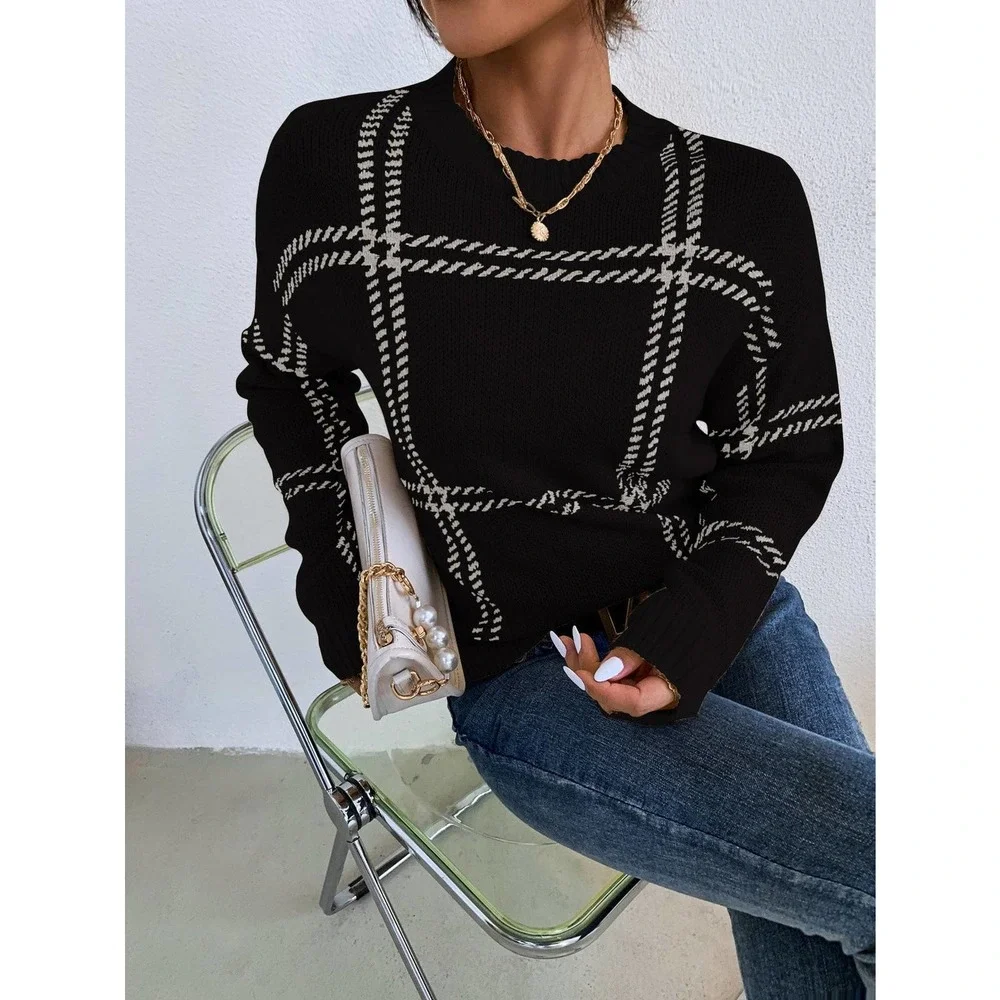 Plaid Pattern Drop Shoulder Sweater grid minimalist black white - Picture 5 of 9